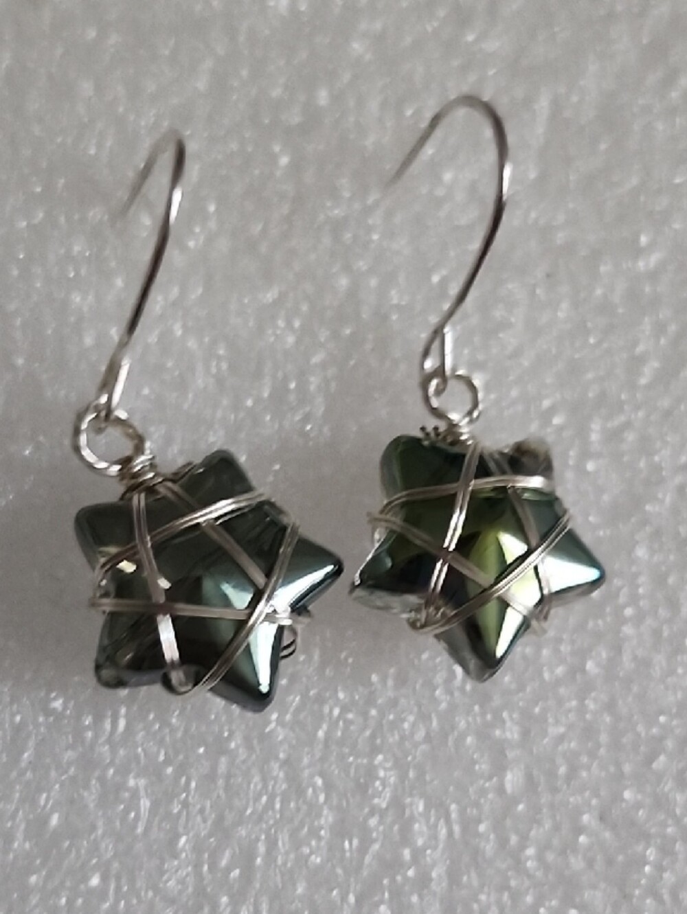 Hand Crafted Green Star Drop Earrings with Silver Wire Wrap